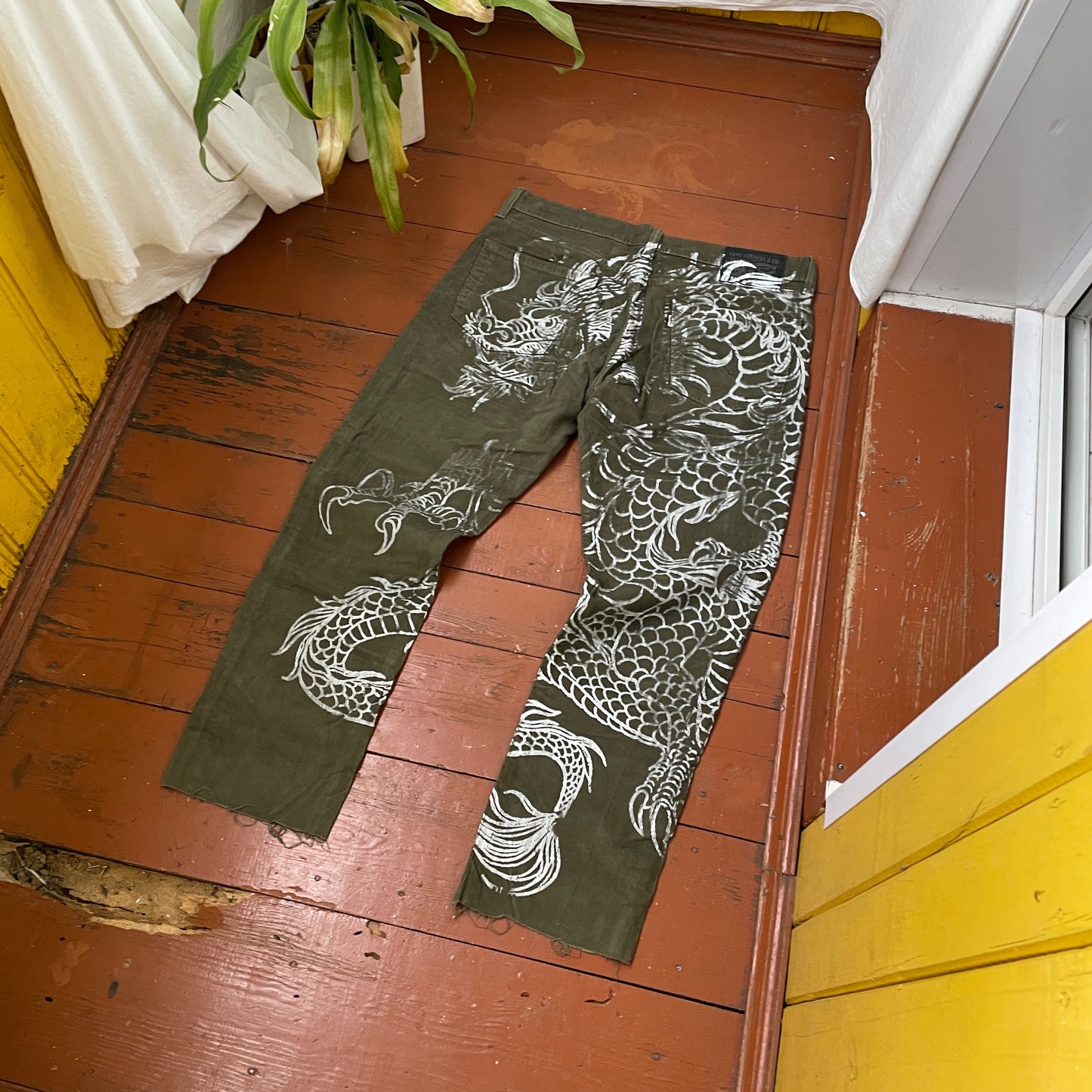 Custom Dickies Dragon Pants – Handprinted White Dragon on Olive Green Canvas | Vintage Workwear 1 of 1