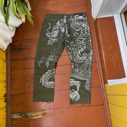 Custom Dickies Dragon Pants – Handprinted White Dragon on Olive Green Canvas | Vintage Workwear 1 of 1