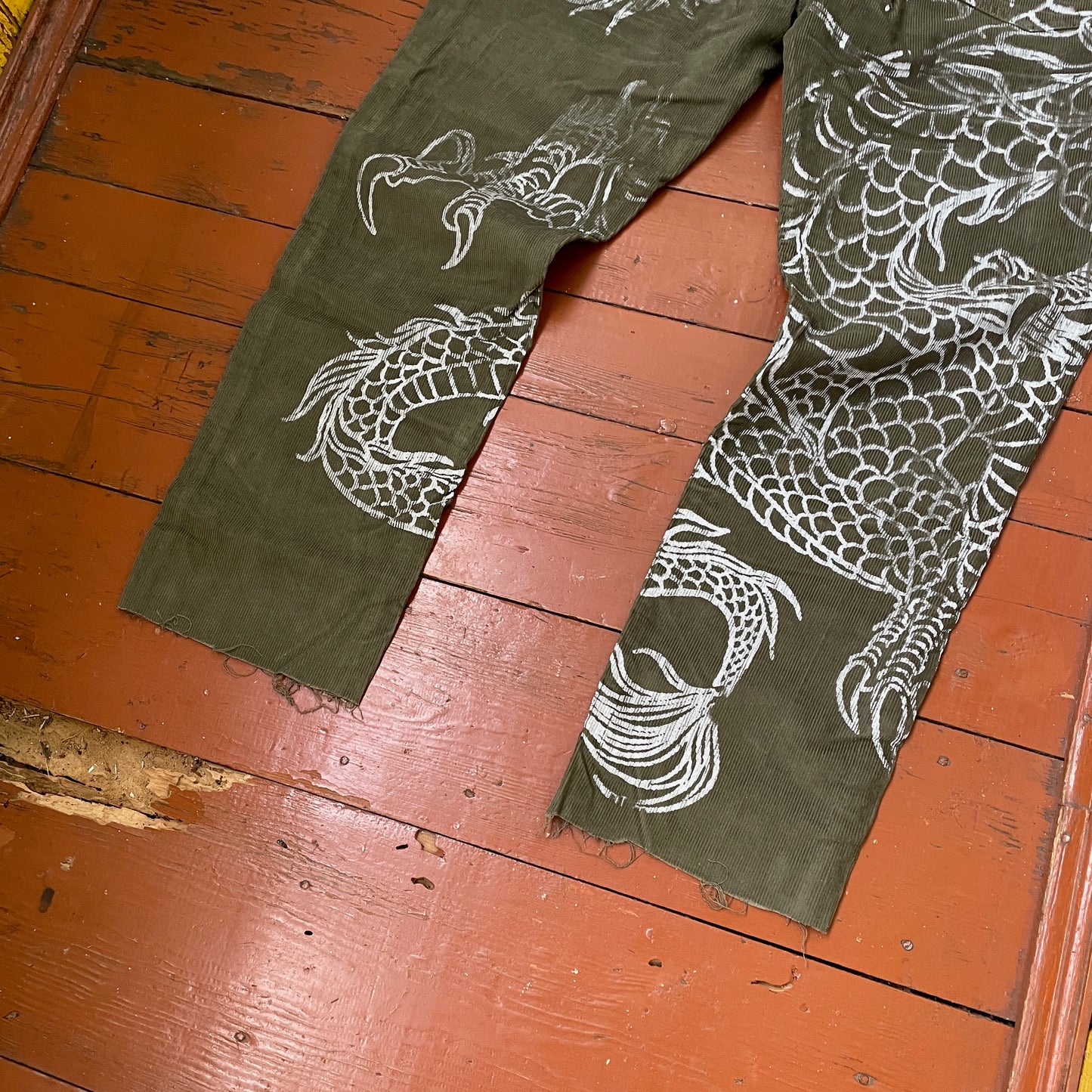 Custom Dickies Dragon Pants – Handprinted White Dragon on Olive Green Canvas | Vintage Workwear 1 of 1