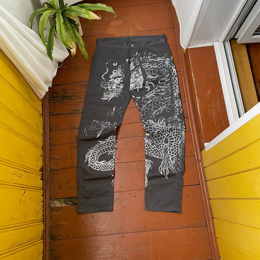 Custom Carhartt Dragon Pants – Handprinted White Dragon Art on Faded Black Canvas | Vintage Workwear 1 of 1