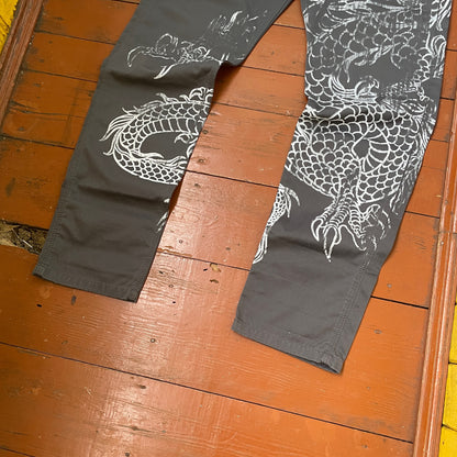 Custom Carhartt Dragon Pants – Handprinted White Dragon Art on Faded Black Canvas | Vintage Workwear 1 of 1