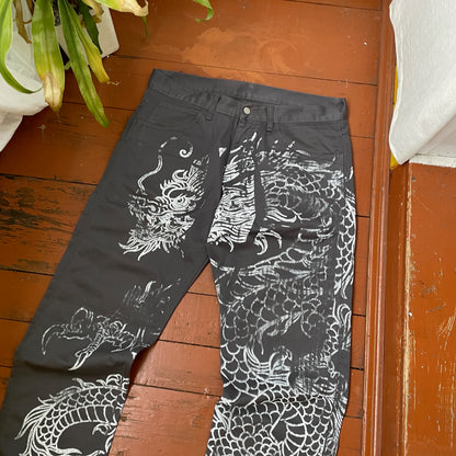 Custom Carhartt Dragon Pants – Handprinted White Dragon Art on Faded Black Canvas | Vintage Workwear 1 of 1