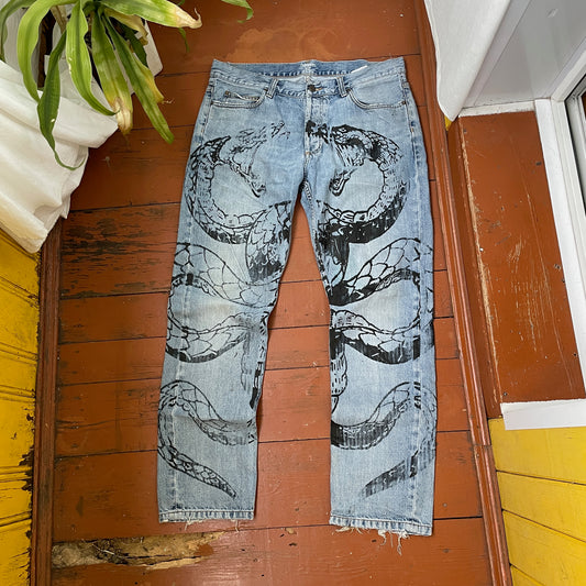 Custom Carhartt Snake Jeans – Handprinted Black Snake Art on Faded Light Wash Denim | 1 of 1 Reworked Pants