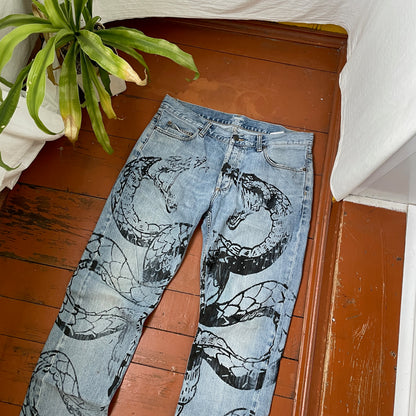 Custom Carhartt Snake Jeans – Handprinted Black Snake Art on Faded Light Wash Denim | 1 of 1 Reworked Pants