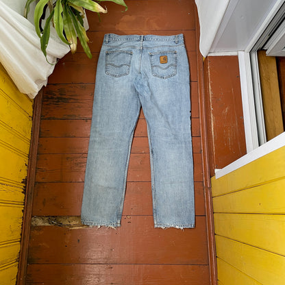 Custom Carhartt Snake Jeans – Handprinted Black Snake Art on Faded Light Wash Denim | 1 of 1 Reworked Pants