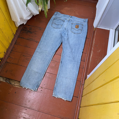 Custom Carhartt Snake Jeans – Handprinted Black Snake Art on Faded Light Wash Denim | 1 of 1 Reworked Pants