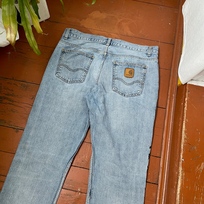 Custom Carhartt Snake Jeans – Handprinted Black Snake Art on Faded Light Wash Denim | 1 of 1 Reworked Pants