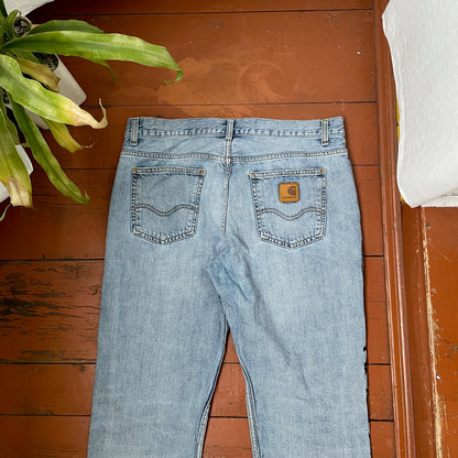 Custom Carhartt Snake Jeans – Handprinted Black Snake Art on Faded Light Wash Denim | 1 of 1 Reworked Pants