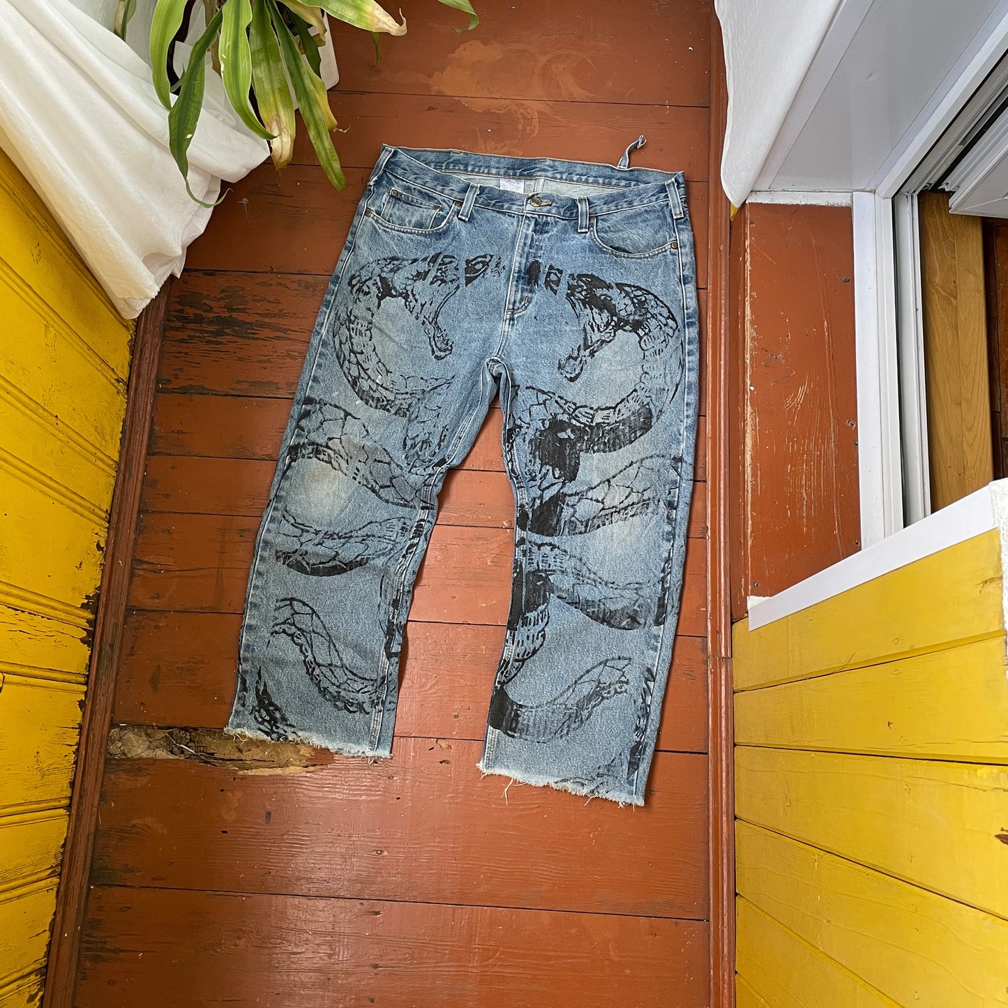 Custom Carhartt Snake Jeans – Raw-Hem 1 of 1 Blue Denim with Serpent Print | Vintage Streetwear Pants
