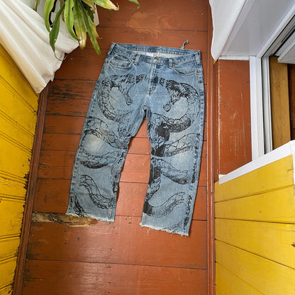 Custom Carhartt Snake Jeans – Raw-Hem 1 of 1 Blue Denim with Serpent Print | Vintage Streetwear Pants