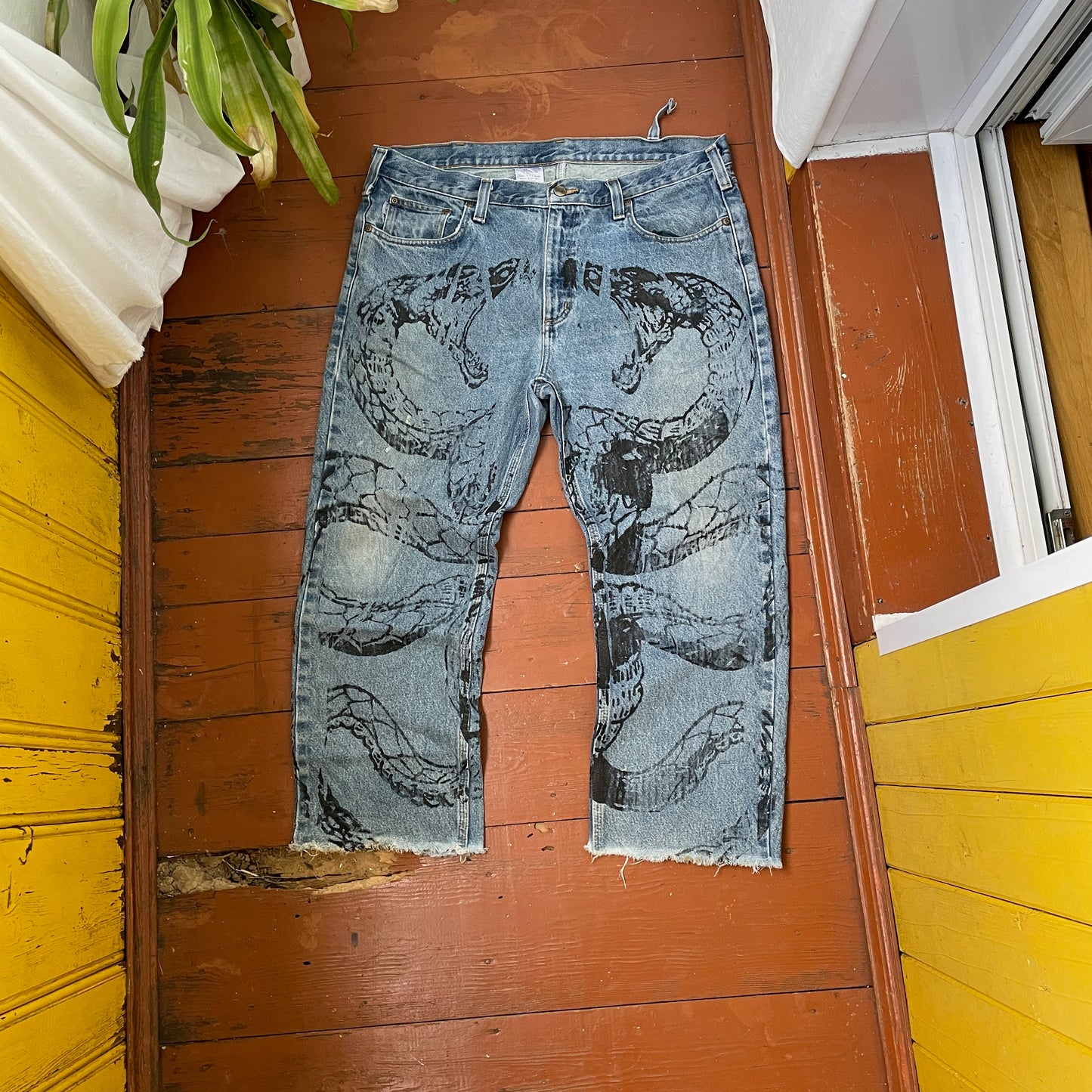 Custom Carhartt Snake Jeans – Raw-Hem 1 of 1 Blue Denim with Serpent Print | Vintage Streetwear Pants
