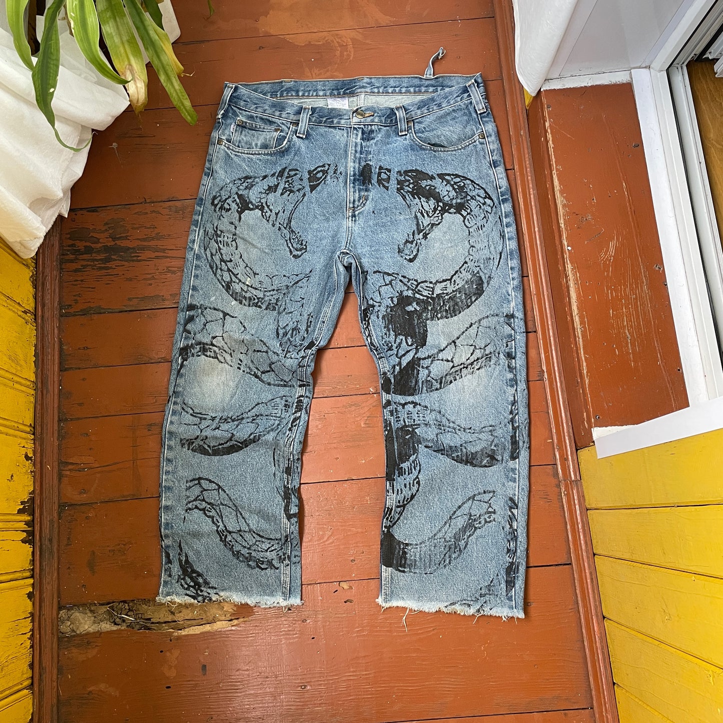 Custom Carhartt Snake Jeans – Raw-Hem 1 of 1 Blue Denim with Serpent Print | Vintage Streetwear Pants