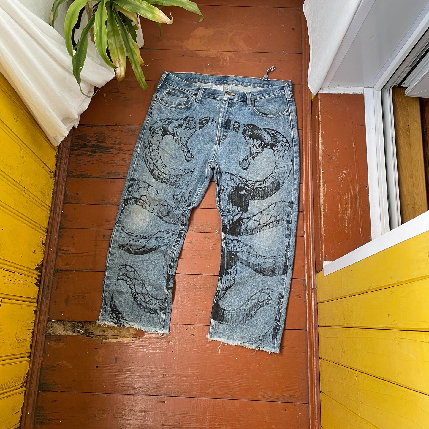 Custom Carhartt Snake Jeans – Raw-Hem 1 of 1 Blue Denim with Serpent Print | Vintage Streetwear Pants