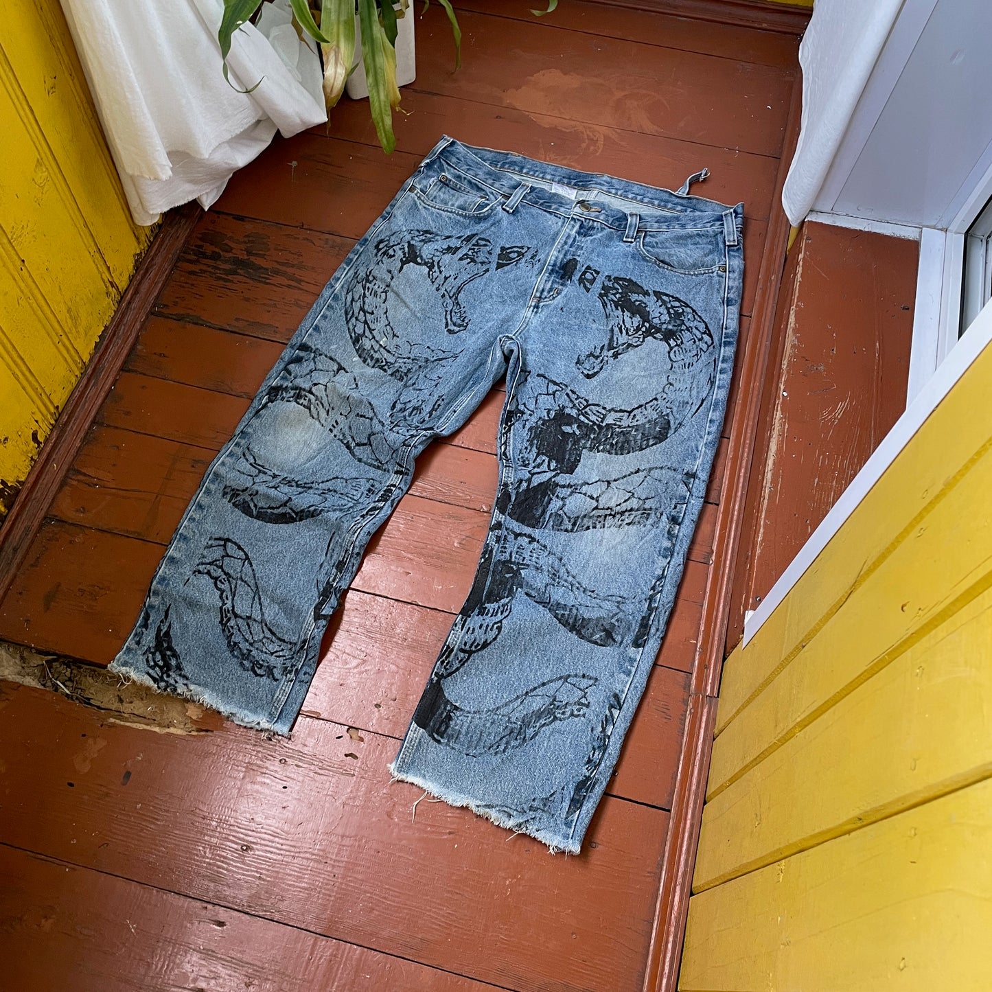 Custom Carhartt Snake Jeans – Raw-Hem 1 of 1 Blue Denim with Serpent Print | Vintage Streetwear Pants