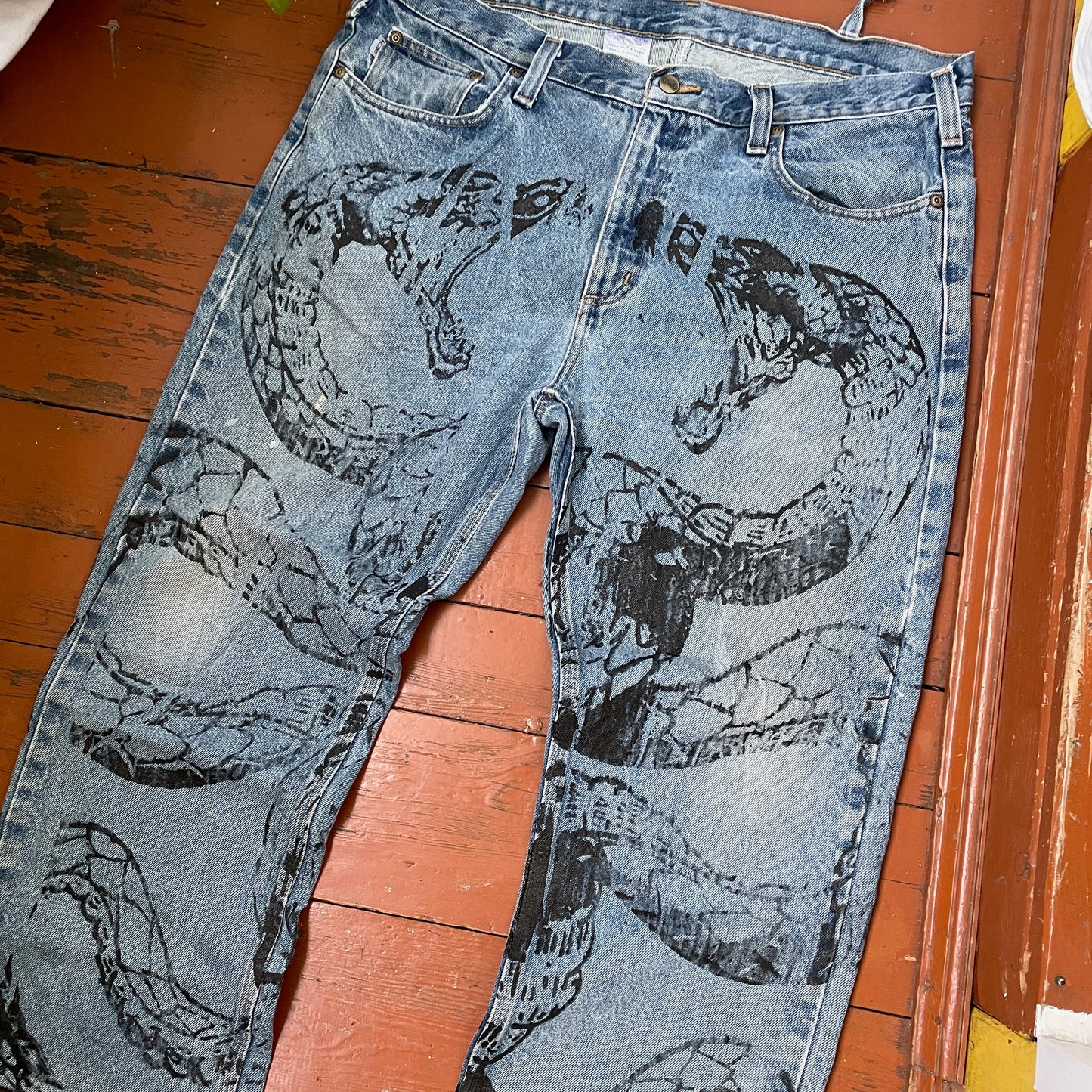 Custom Carhartt Snake Jeans – Raw-Hem 1 of 1 Blue Denim with Serpent Print | Vintage Streetwear Pants