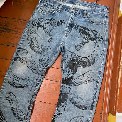 Custom Carhartt Snake Jeans – Raw-Hem 1 of 1 Blue Denim with Serpent Print | Vintage Streetwear Pants