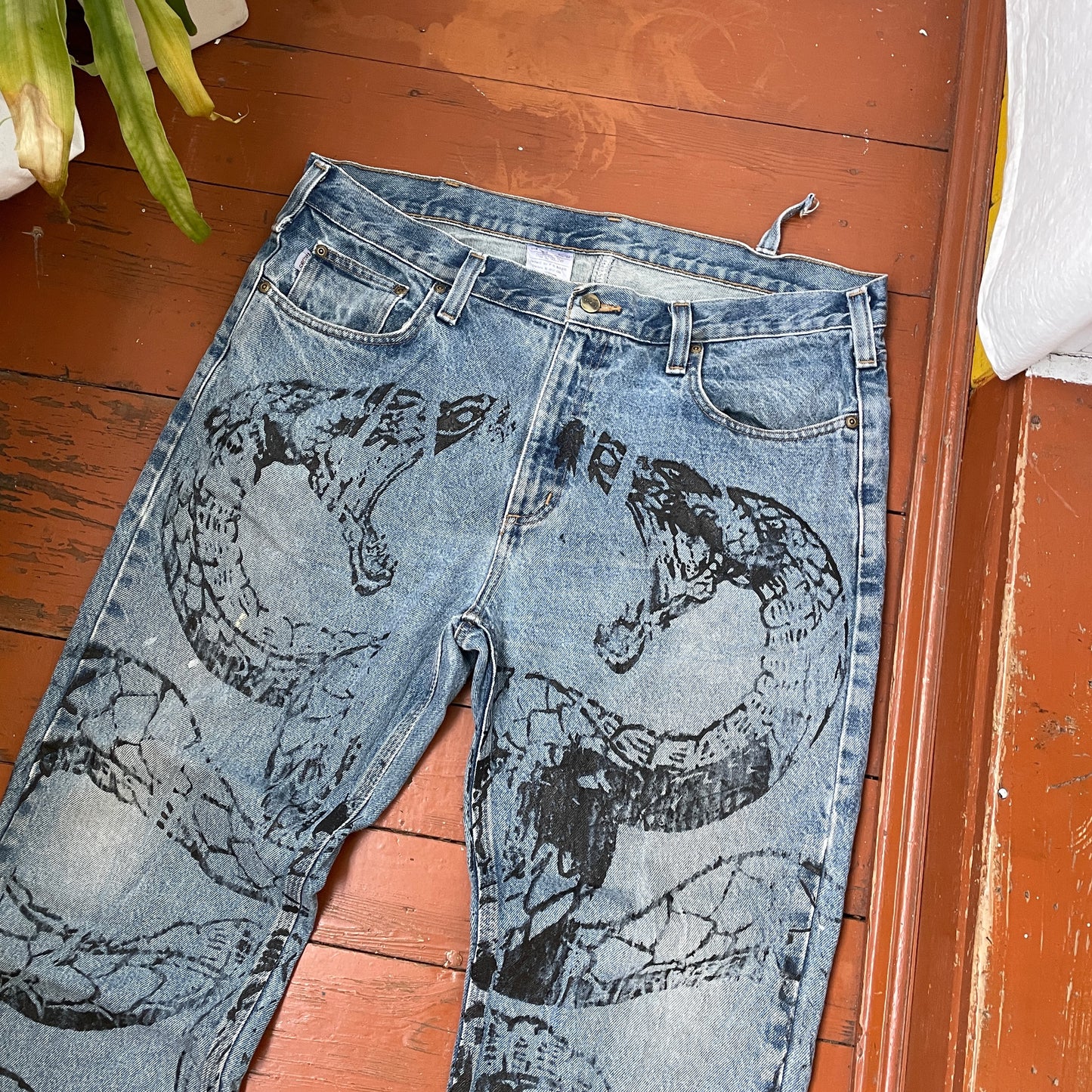 Custom Carhartt Snake Jeans – Raw-Hem 1 of 1 Blue Denim with Serpent Print | Vintage Streetwear Pants