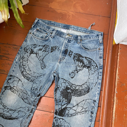 Custom Carhartt Snake Jeans – Raw-Hem 1 of 1 Blue Denim with Serpent Print | Vintage Streetwear Pants