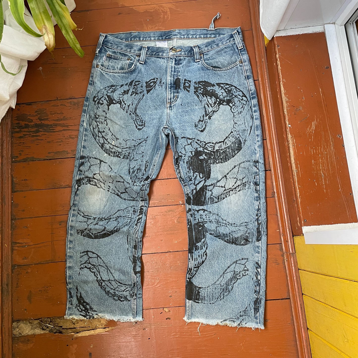 Custom Carhartt Snake Jeans – Raw-Hem 1 of 1 Blue Denim with Serpent Print | Vintage Streetwear Pants