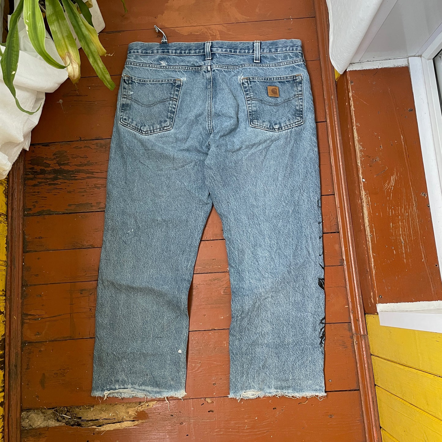 Custom Carhartt Snake Jeans – Raw-Hem 1 of 1 Blue Denim with Serpent Print | Vintage Streetwear Pants