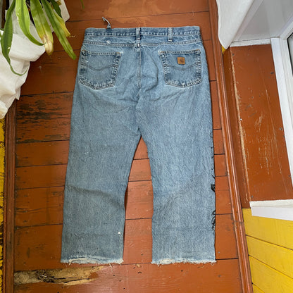 Custom Carhartt Snake Jeans – Raw-Hem 1 of 1 Blue Denim with Serpent Print | Vintage Streetwear Pants