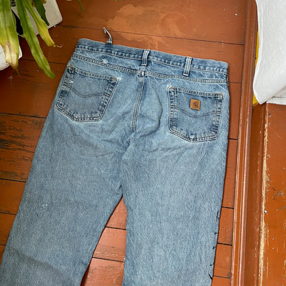 Custom Carhartt Snake Jeans – Raw-Hem 1 of 1 Blue Denim with Serpent Print | Vintage Streetwear Pants