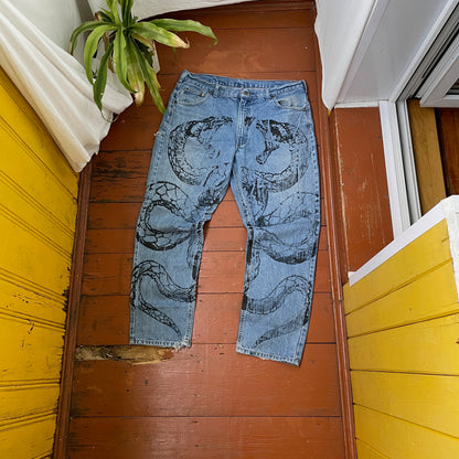 Custom Carhartt Snake Jeans – Vintage 90s Blue Denim with Full Serpent Print | 1 of 1 Streetwear Piece