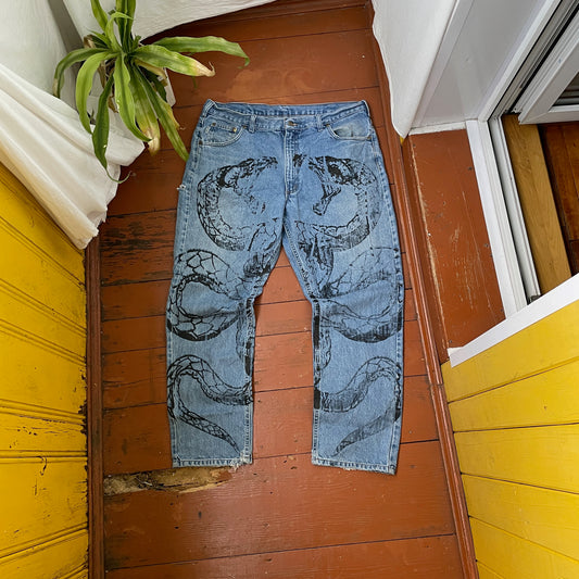 Custom Carhartt Snake Jeans – Vintage 90s Blue Denim with Full Serpent Print | 1 of 1 Streetwear Piece