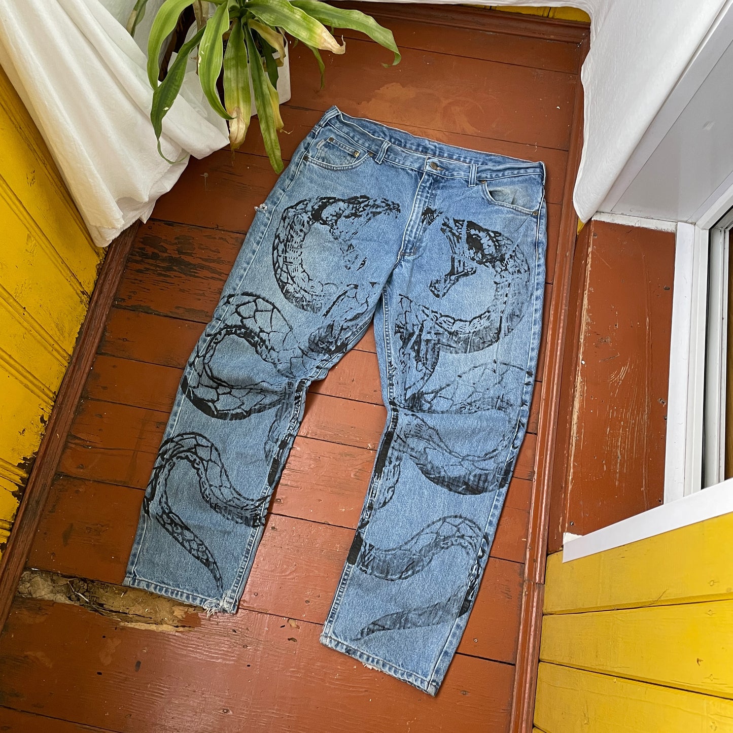Custom Carhartt Snake Jeans – Vintage 90s Blue Denim with Full Serpent Print | 1 of 1 Streetwear Piece