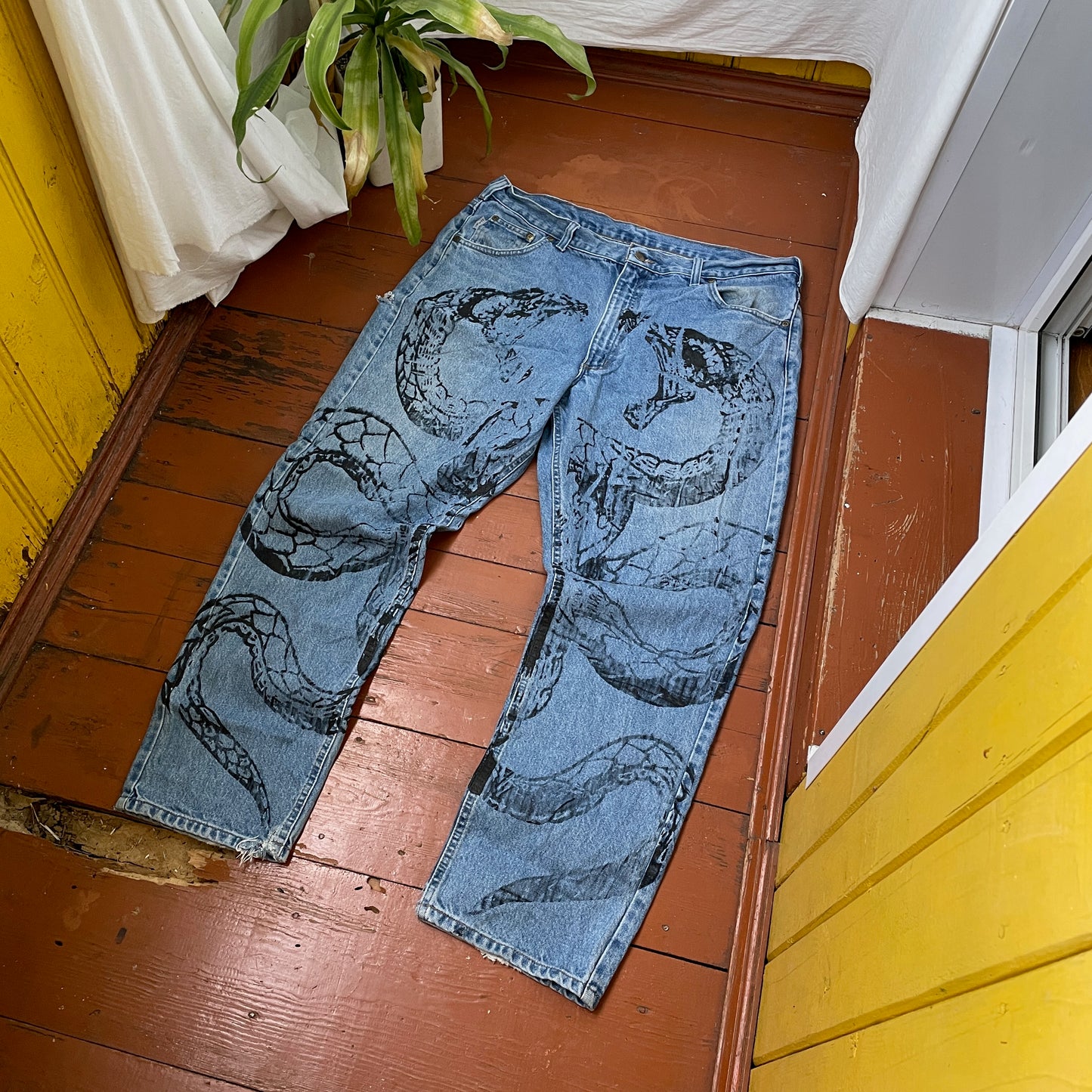 Custom Carhartt Snake Jeans – Vintage 90s Blue Denim with Full Serpent Print | 1 of 1 Streetwear Piece