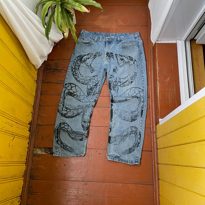 Custom Carhartt Snake Jeans – 90s Vintage Denim with Black Serpent Print | 1 of 1 Streetwear Art