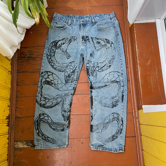 Custom Carhartt Snake Jeans – 90s Vintage Denim with Black Serpent Print | 1 of 1 Streetwear Art