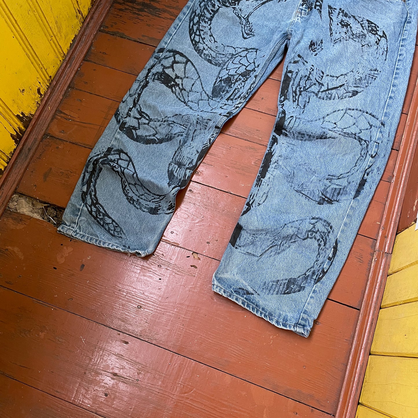 Custom Carhartt Snake Jeans – 90s Vintage Denim with Black Serpent Print | 1 of 1 Streetwear Art