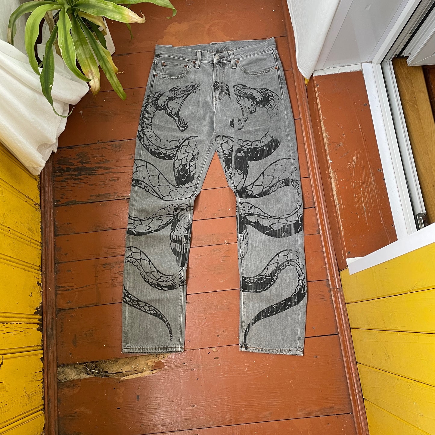 Custom Levi’s Snake Jeans – Grey Vintage Denim with Black Serpent Print | 1 of 1 Grunge Streetwear