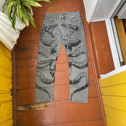 Custom Levi’s Snake Jeans – Grey Vintage Denim with Black Serpent Print | 1 of 1 Grunge Streetwear