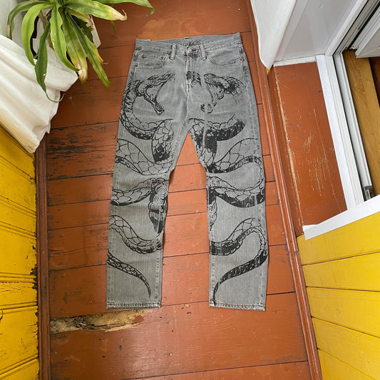 Custom Levi’s Snake Jeans – Grey Vintage Denim with Black Serpent Print | 1 of 1 Grunge Streetwear