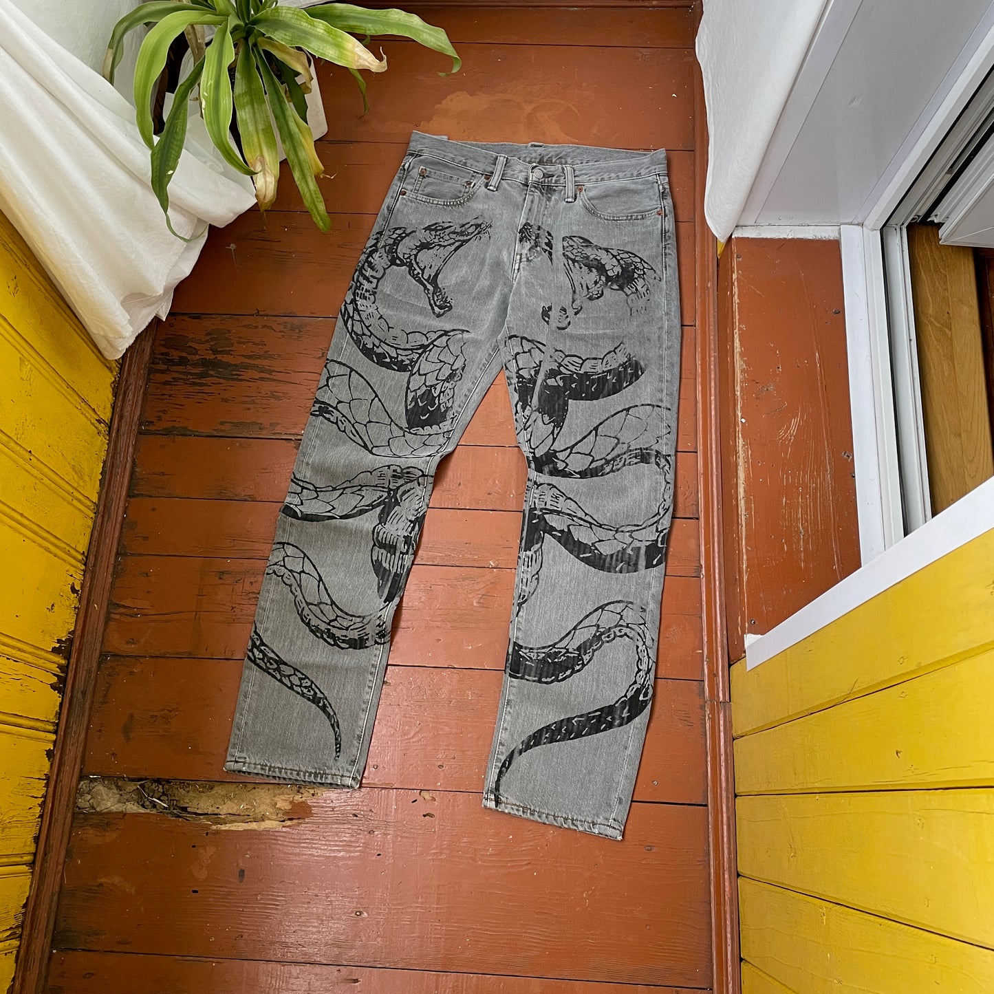 Custom Levi’s Snake Jeans – Grey Vintage Denim with Black Serpent Print | 1 of 1 Grunge Streetwear