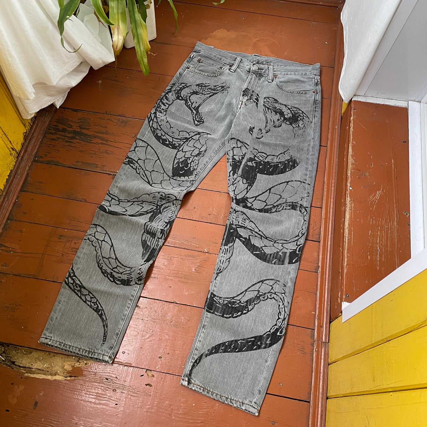 Custom Levi’s Snake Jeans – Grey Vintage Denim with Black Serpent Print | 1 of 1 Grunge Streetwear