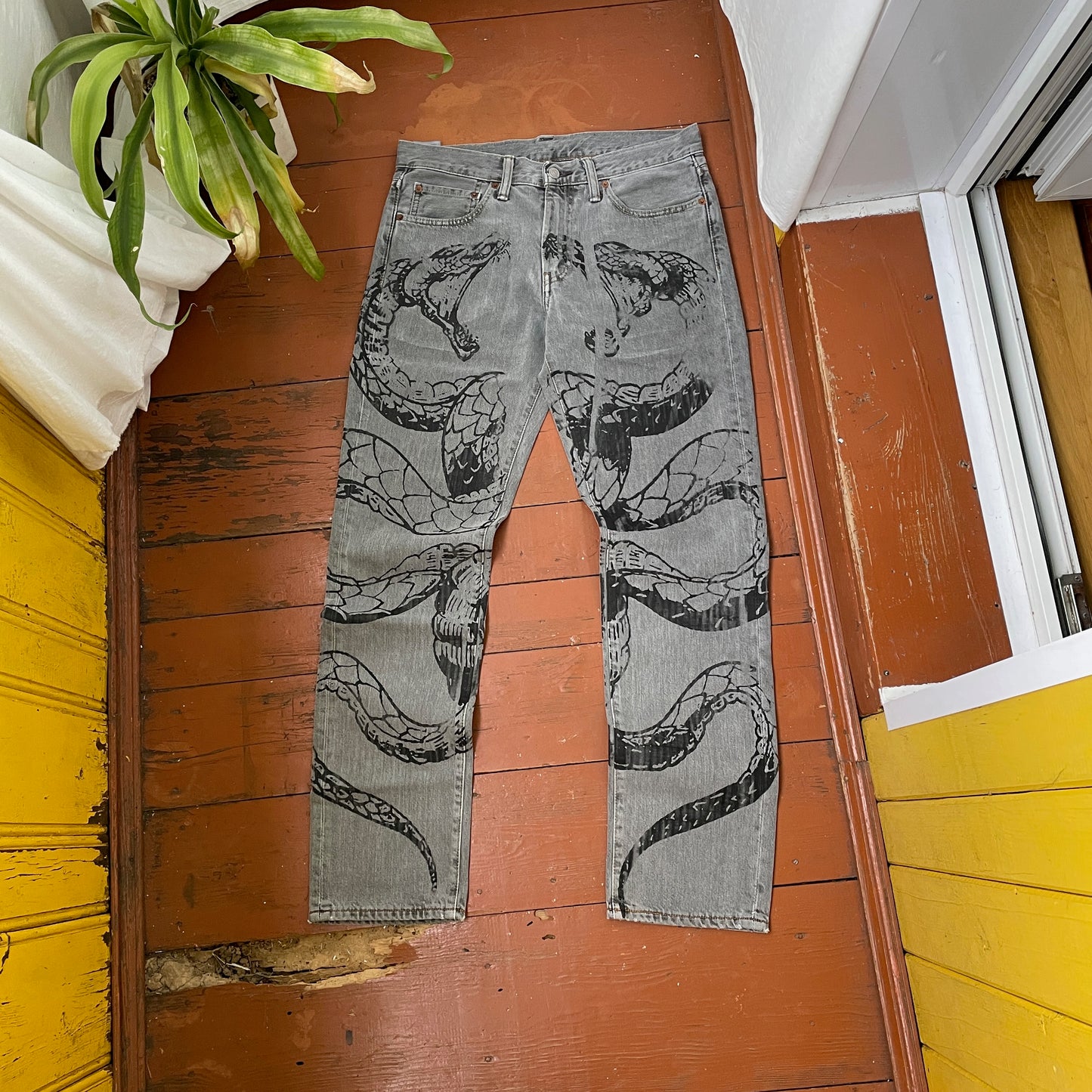 Custom Levi’s Snake Jeans – Grey Vintage Denim with Black Serpent Print | 1 of 1 Grunge Streetwear