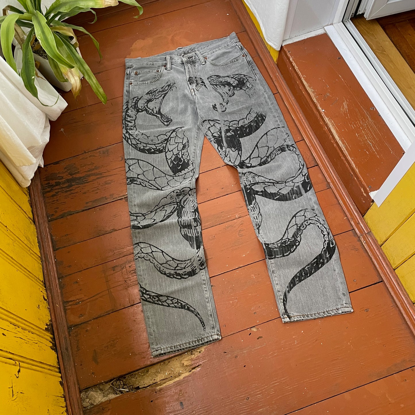 Custom Levi’s Snake Jeans – Grey Vintage Denim with Black Serpent Print | 1 of 1 Grunge Streetwear