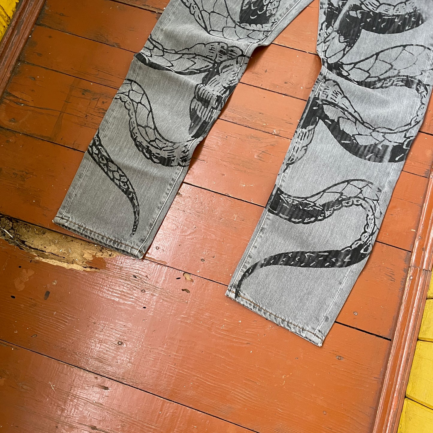 Custom Levi’s Snake Jeans – Grey Vintage Denim with Black Serpent Print | 1 of 1 Grunge Streetwear