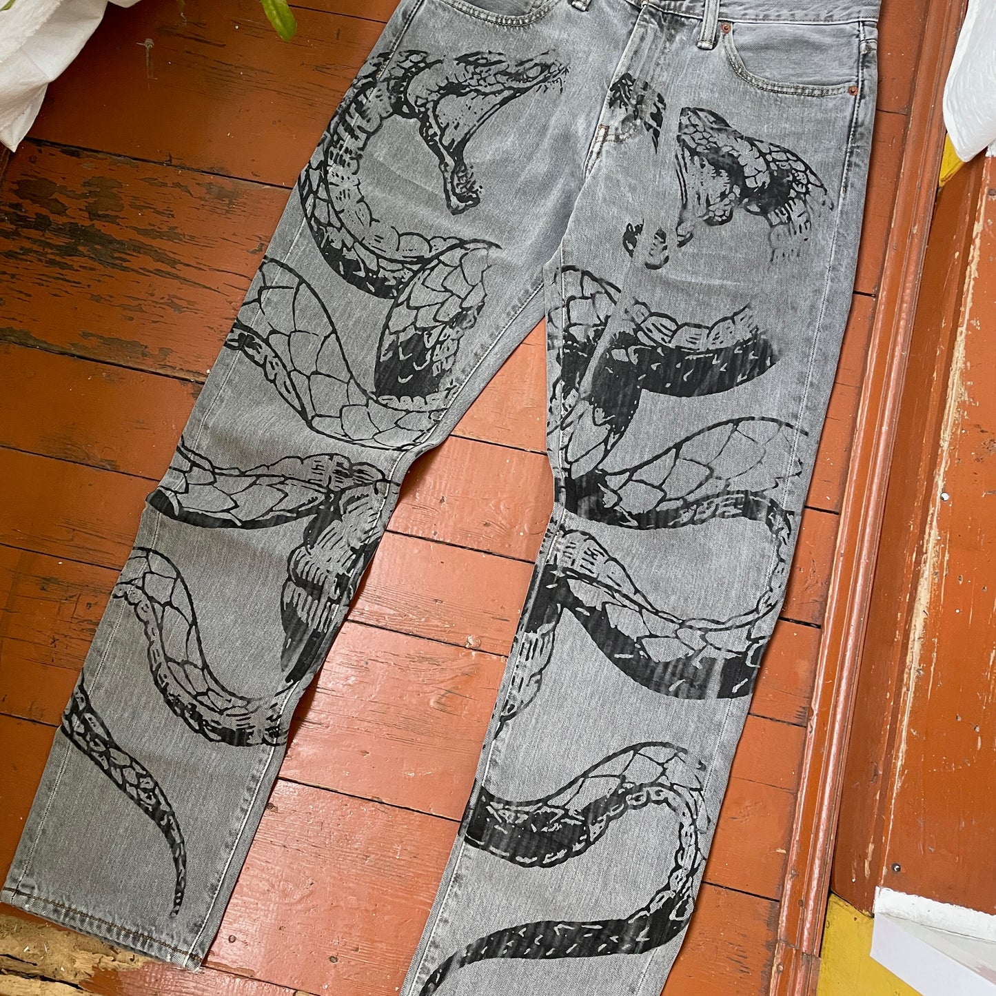 Custom Levi’s Snake Jeans – Grey Vintage Denim with Black Serpent Print | 1 of 1 Grunge Streetwear