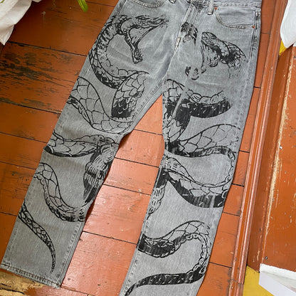 Custom Levi’s Snake Jeans – Grey Vintage Denim with Black Serpent Print | 1 of 1 Grunge Streetwear