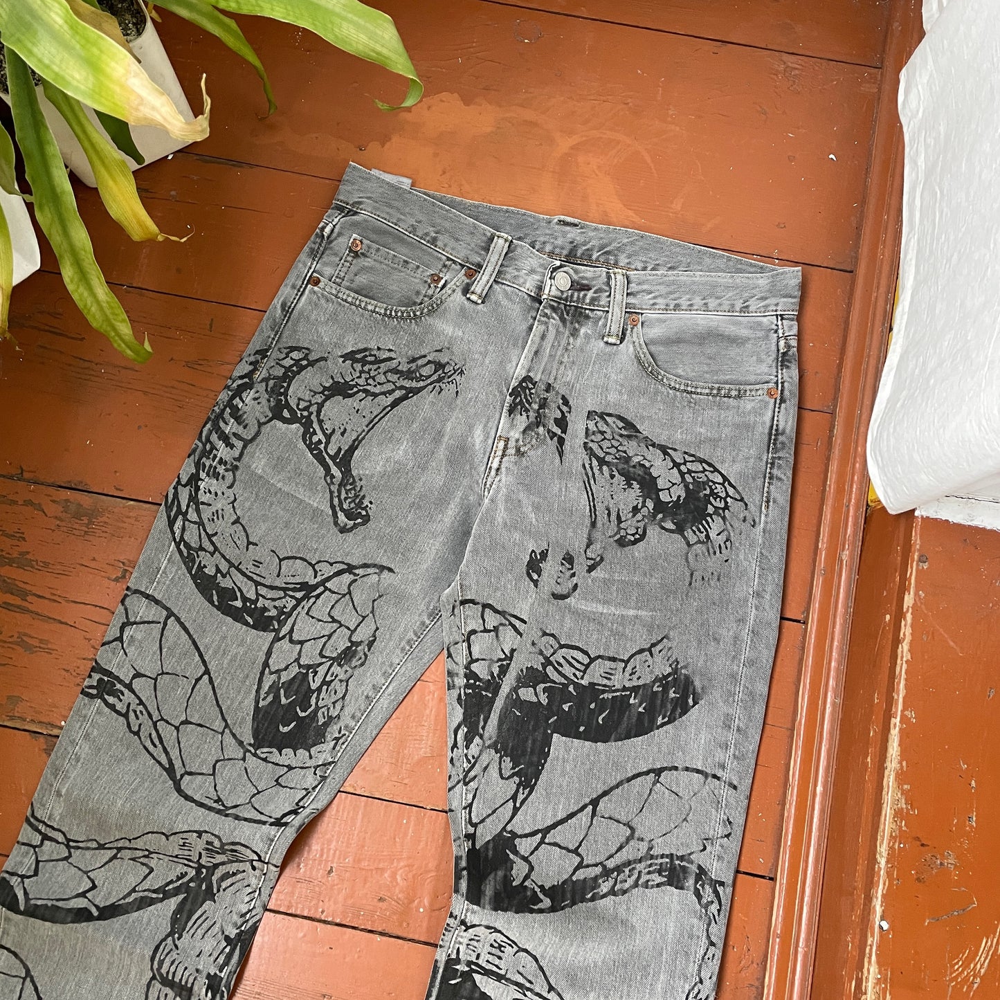 Custom Levi’s Snake Jeans – Grey Vintage Denim with Black Serpent Print | 1 of 1 Grunge Streetwear