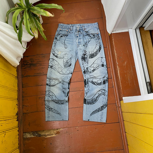 Custom Levi’s Snake Jeans – Faded Blue Denim with Full Black Snake Artwork | Vintage 1 of 1