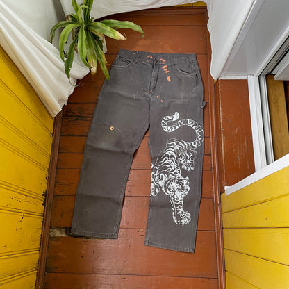 Custom Dickies Tiger Pants – Grey Workwear with White Tiger Print & Paint Marks | 1 of 1 Vintage