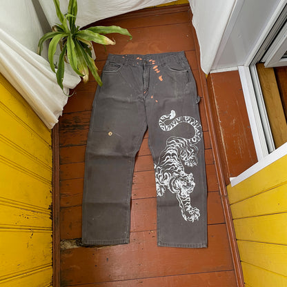 Custom Dickies Tiger Pants – Grey Workwear with White Tiger Print & Paint Marks | 1 of 1 Vintage