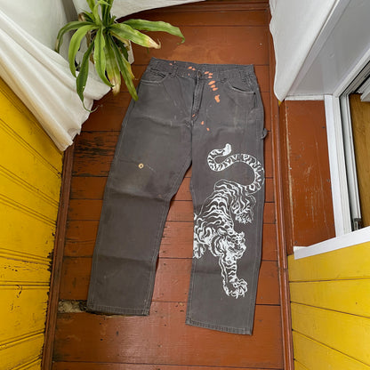 Custom Dickies Tiger Pants – Grey Workwear with White Tiger Print & Paint Marks | 1 of 1 Vintage