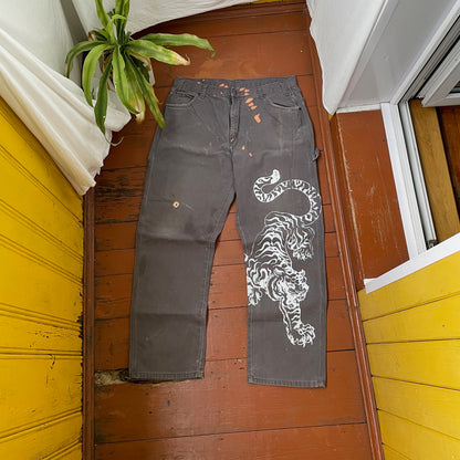 Custom Dickies Tiger Pants – Grey Workwear with White Tiger Print & Paint Marks | 1 of 1 Vintage