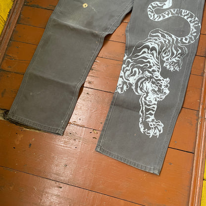 Custom Dickies Tiger Pants – Grey Workwear with White Tiger Print & Paint Marks | 1 of 1 Vintage